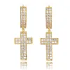 Brincos Dangle Hip Hop Double Row Zircon Cross for Men Mulheres Rapper