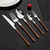 Dinnerware Sets Tableware Glossy Wood Silver Stainless Steel Western Food Silverware Knife Fork Teaspoon Flatware Cutlery 230224