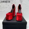 Dress Shoes High Quality Satin Women Super Heels Square Toe Platform Ankle Strap Party Wedding Mary Jane Chunky Heel 230225