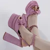 Sandals Brand Two Platform Block High Heels Square-Toe Sequined Ladies Evening Party Heeled Cool Woman Shoes Bow 230225