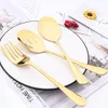 Dinnerware Sets 5Pcs Gold Dinnerware Set Stainless Steel Cutlery Serving Utensils Buffet Catering Serving Colander Spoons Fork Silverware Set 230224