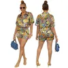 Kvinnors träningsdräkter Summer African Printed 2 Piece Outfit Women Casual Button Down Shirt Top Shorts With Pocket Suits Two Set Tracksuit
