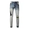 Heren jeans verontrust blauw slanke streetwear mode geborduurde letters letters patchwork broek schade mager stretch gescheurd