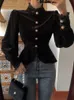 Camicette da donna Camicie Woherb Manica a lanterna vintage coreana Blusa Pizzo collo alto Bottoni di perle Camicetta di velluto nera sottile ed elegante da donna Camicia corta 230225