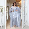 Etniska kläder Satin Inner Dress 3 Piece Set Women Abaya 2023 Feather Diamond Solid Color Open With Belt Muslim Woman Dubai Arab Marockan
