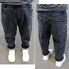 Jeans Korean Autumn Winter Boys Fleece Thermal Pants Cotton Denim Trousers Loose Casual Navy Black Slacks Kids Harem 230224