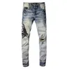 Jeans masculinos angustiados azul slim streetwear moda letras bordadas calças de retalhos danificar