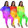 Survêtements pour femmes Tie Dye 2 PCS Set Casual Loose Femmes Deux pièces Tenues à manches longues Slit Top et Pantalon Summer Spring Survêtement Assorti Se