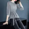 Blusas femininas 2023 primavera coreana outono babados manga três quartos camisa xadrez blusa gola redonda estampa casual chiffon