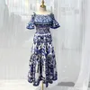 Fancy Dress Womens Blue And White Porcelain Printed Gathered Waist Slask Neck Bell Sleeve Midi Fit Flare Cami Dress