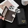 아름다운 Saffiano 카드 지갑 디자이너 P Phone Case for iPhone 15 14 13 12 11 16 17 Pro Max X XS 7 8 Plus 로고 박스 포장 여성 남성 BD와 고급 브랜드 가죽 지갑 커버