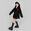 Womens Jackets Autumn Winter Harajuku Cross Love Lace Vneck Black Kawaii Girl Loose Long Sleeve Thick Fashion Sweet Knitting Coat 230224