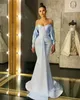 Baby Blue Dubai Arabic Aso Ebi Mermaid Evening Dresses Simple Sexy Off Shoulder Long Sleeve Formal Prom dress Wear Custom Made 2023