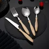 Dinnerware Sets Cutlery Set Stainless Steel Dinner Wooden Handle Tableware Forks Spoons Knives Kitchen 4-16Pcs