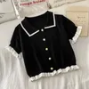 Kadınlar bluzlar gömlek gömlekler kadınlar tatlı tasarım fırfırlar düğmesi peter pan yaka bluzları fransız tarzı panelli kısa kollu örgü mahsul üstleri kız 230225