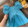 Vestidos de menina vestido de princesa bebê moda de cor sólida algodão curta manga de puffffff roupas infantis para meninas para 2-7y