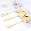 Dinnerware Sets 5Pcs Gold Dinnerware Set Stainless Steel Cutlery Serving Utensils Buffet Catering Serving Colander Spoons Fork Silverware Set 230224