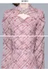 캐주얼 드레스 우아한 핑크 격자 무늬 여성 2023 스프링 플로럴 프린트 만다린 칼라 퍼프 슬리브 중국 치즈 삼 패션 미디