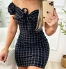 Casual Jurken Vintage Plaid Print Jurk Zomer Vrouwen Off Shoulder Korte Mouw V-hals Lace Up Boog Schede Party Mini vestidos