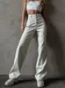 Kryptograficzna moda Kryptograficzna White Pu skóra High Rise High Rise Streetwear swobodny guzik do prostej nogi dla kobiet spodni 230225
