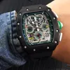 2023 Ny lyxig Big Full Black Case Flyback Skeleton Watches Rubber Japan Miyota Automatisk mekanisk herrklocka