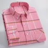 Mens Casual Shirts Cotton Oxford Plaid Business Checked Long Sleeve Button Down Collar Male Tops Easy Care Spring