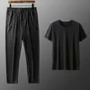 Men's Tracksuits Summer Ice Silk Men Pajamas Set Breathable Short Sleeve TShirt Pants Sports Wear Men's Sleepwear Nightwear Casual Loose Z0224