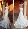 Moderna sjöjungfru bröllopsklänningar 3D applicerad spets ren nack långärmad brudklänningar illusion bröllopsklänning robe de279h