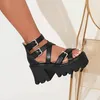 Sandalen 2023 Zomer Women Gladiator Dikke platform Hoge hakken Comfortabele vrouwelijke schoenen PU Lederen Band Black