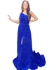 One-Shulder Prom Dress 2K23 High Slit Shimmer Sparkling Velvet Sequin A-Line Lady Preteen Girl Pageant Gown Formell Evening Party Wedding Guest Red Capet Runway Hoco