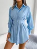 Robes décontractées automne et printemps femmes lanterne manches taille asymétrique robe chemise jupe femme mode couleur unie longue Dres