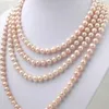 Chains Hand Knotted Necklace Natural 7-8mm Pink Freshwater Pearl Sweater Chain Nearly Round 100inchChains