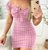 Casual Kleider Vintage Plaid Print Kleid Sommer Frauen Off Schulter Kurzarm V-ausschnitt Spitze Up Bogen Mantel Party Mini vestidos