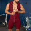 Survêtements pour hommes 5XL Hommes Grande Taille Sexy À Capuche Combishort Sans Manches Fitness Bodybuilding Combinaison Fermeture À Glissière Ouverte Mâle Mode Solide Onesies Body Z0224