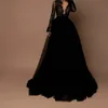 Lace Evening Dresses V-Neck Long Sleeves Tulle Sweep Train Sexy Nude Lining Prom Gowns