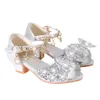 Sandals Girls Sandal Princess Shoes Shiny Children's High Heels تظهر أحذية جلدية جديدة Summer Girls Bowtie Paillette Performance Sandals Z0225