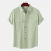 Men's Casual Shirts Army Green Cotton Linen Shirt For Men 2022 Summer Brand Double Pocket Short Sleeve Casual Shirts Mens Breathable Beach Chemise Z0224