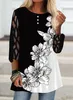 Женская футболка весна и осенние женщины мода свободные повседневные футболки с сетчатыми рукавами с половиной рукава цветочные припечатки круглая шея 230224