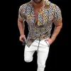 Men's Casual Shirts Nation Style Summer Man Shirt Mens Ethnic Printed Stand Collar Stripe Short Sleeve Loose Hawaiian Henley Casual Shirt ok01 230225