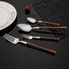 Dinnerware Sets Tableware Glossy Wood Silver Stainless Steel Western Food Silverware Knife Fork Teaspoon Flatware Cutlery 230224