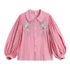 Women's Blouses Aigyptos Fall Women Tops Floral Embroidery Long Lantern Sleeve Mori Girl Oversized Pink Shirts Camisas de Mujer