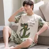 Men's Sleepwear Men Pajamas Set Summer Short-sleeves O-neck Sleepwear Funny Dinosaur Cartoon Print Knit Cotton Sleepwear Plus Size Men Nightwear 230225