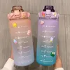 Water Bottles 2L Large-Capacity Gradient Water Bottle Sports Frosted Cup with Straw Time Marker Drinking Bottle Leak-Proof Bounce Lid Jugs 230224