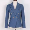 Women's Suits & Blazers European And American Dark Blue Imitation Denim Pattern Fabric Slim Double Breasted SuitsWomen's