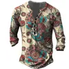 Men's T-Shirts Vintage Men's T-Shirts With Button Ethnic Pattern Print Spring Autumn Loose O-Neck Long Sleeve Oversized T Shirts Male Clothing 230225