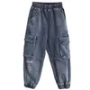 Jeans Hip Hop Garçons Poches Latérales Cargo Sarouel Enfants Casual Bleu Denim Taille Élastique Lâche Garçon Pantalon 230224