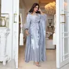 Etniska kläder Satin Inner Dress 3 Piece Set Women Abaya 2023 Feather Diamond Solid Color Open With Belt Muslim Woman Dubai Arab Marockan