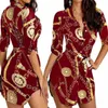 Grande taille 3xl 4xl robes décontractées femmes robe à lacets bouton vers le bas chaîne imprimé revers cou robe de soirée Sexy jupe de pansement