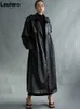 Kvinnorjackor Lautaro Autumn Long Overdized Black Faux Leather Trench Coat for Women Sleeve Belt Double Breasted Loose Fashion 230224