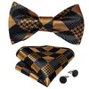 Neck Ties Self Tie Bow Tie Handkerchief Cufflinks Set Fashion Black Gold Men's Silk Butterfly Bowknot Formal Wedding Party Cravat DiBanGu